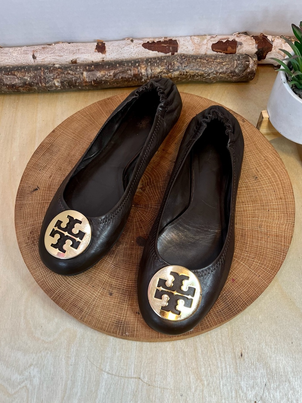 Tory Burch Brown Leather Reva Ballet Flats Size 8